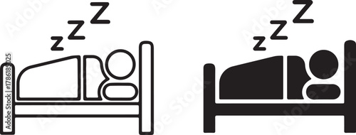 Two icons of a person sleeping in a bed with zzz symbols indicating sleep, isolated on white background
