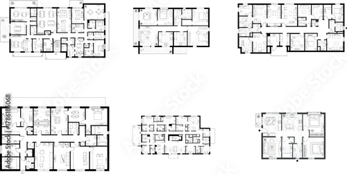 Group of six architectural floor plans displaying various building interior configurations