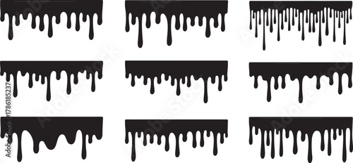 Collection of nine black dripping paint or liquid elements isolated on white background