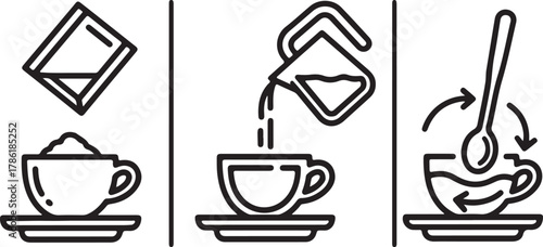 Set of three icons showing steps to prepare instant coffee, isolated on white background