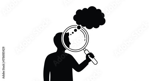 Silhouette of a person holding a magnifying glass to their head symbolizing thought and introspection
