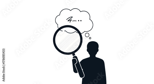 Silhouette of a person holding a magnifying glass and thinking with a thought bubble above their head