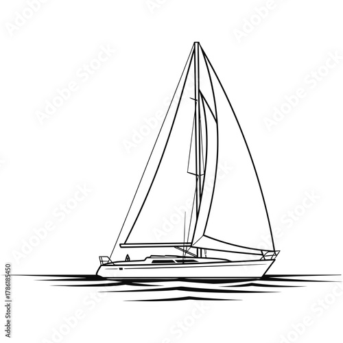 Sleek sailboat glides across stylized water with sails full of wind