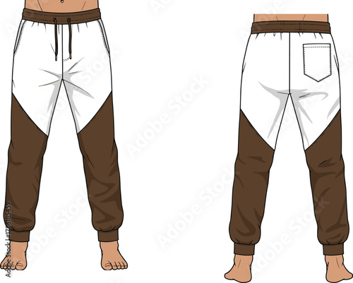 Modern jogger pants, two-tone design, sporty fashion, casual wear, brown and white, stylish apparel, front and back view, patch pocket
