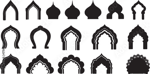 Collection of black silhouette islamic arch and dome architectural elements isolated on white background