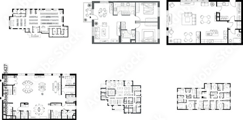 Set of six diverse architectural floor plans for various residential units