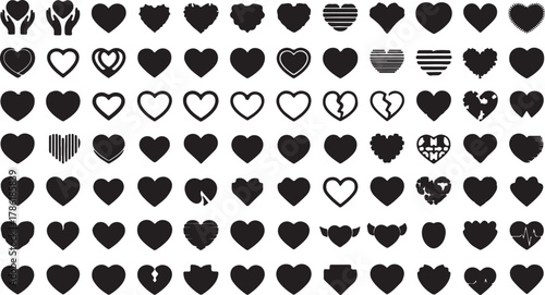 Collection of diverse black heart icons and symbols isolated on a white background