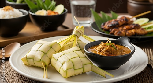 Traditional Indonesian delicacy featuring diamond-shaped rice cakes (ketupat) wrapped in woven palm leaves, served with rich, spicy peanut sauce and a side of grilled meat skewers (satay).
