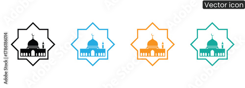 Discover diverse Islamic mosque icons in striking black, blue, orange, and teal. Ideal for adding cultural depth and spiritual resonance to your designs.