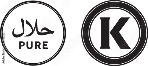 Halal and Kosher Food Certification Icon Set. Pure Islamic and Jewish Dietary Label Symbols Vector Illustration.