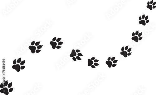 Black paw prints on a white background, representing animal tracks in a curved line
