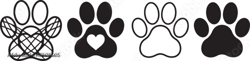 Collection of four diverse paw print icons, including a decorative patterned paw, a paw with a heart, an outline paw, and a solid paw, isolated on white background