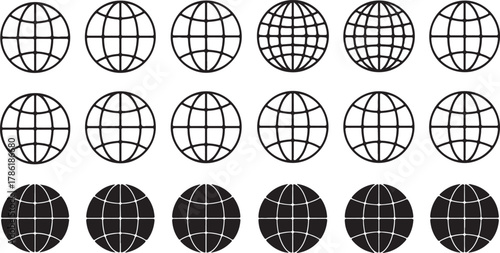 Collection of globe icons in black and white, some filled and some outlined, on a white background