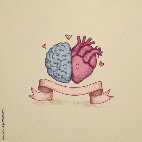 Creative vector illustration of brain and heart hugging with ribbon banner. Concept of emotional intelligence, love, and mind-heart balance. Vector illustration