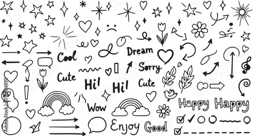 Collection of handdrawn doodle elements including stars, hearts, flowers, rainbows, arrows, and text isolated on white background