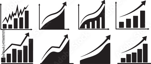 Collection of eight black and white icons representing upward trending business growth charts and graphs, isolated on white background