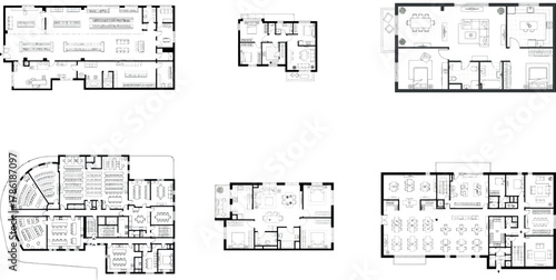 Compilation of six architectural floor plans showcasing different residential building layouts