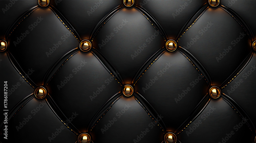 Obraz premium Luxurious black leather tufted pattern with shimmering gold buttons, elegant and sophisticated classic upholstery background texture.