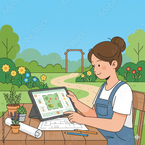 Vector illustration of young woman planning garden design on tablet outdoors. Gardening, creativity, and eco lifestyle concept in flat colorful style. Vector illustration