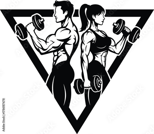 Silhouette, muscular, man, woman, dumbbells, fitness, bodybuilding, strength, training, gym, workout, power, pose, triangle, back-to-back, symmetry, active, exercise, strong, physique