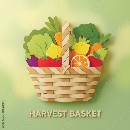 Colorful paper cut style vector of woven basket filled with fresh fruits and vegetables. Organic farming, harvest, and healthy food concept. Vector illustration