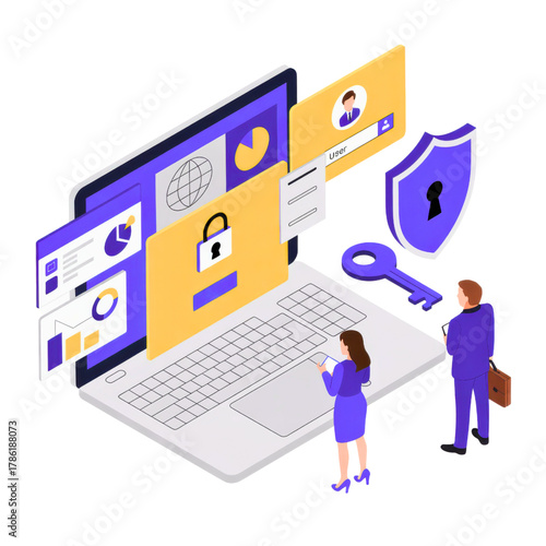 Isometric view of laptop with security features and two people nearby