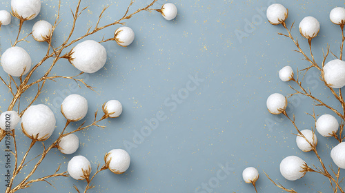 Aesthetic display of delicate white spherical ornaments on slender golden branches. The composition creates a harmonious and visually appealing arrangement