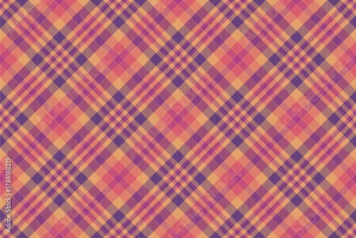 Birthday pattern background check, tone plaid tartan fabric. Everyday texture seamless vector textile in orange and violet colors.