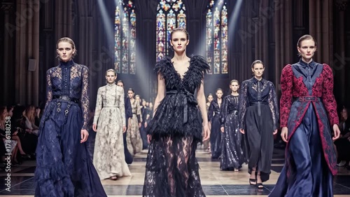 Vantage of models walking in dark-themed runway show with stained glass windows