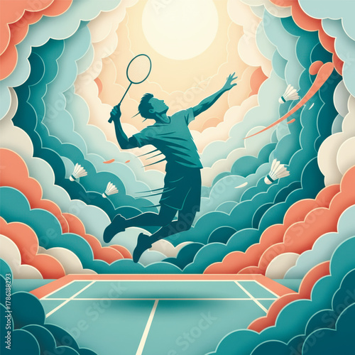 Dynamic paper cut vector of a badminton player jumping mid-air to hit shuttlecock on court, surrounded by stylized colorful clouds and sun. Vector illustration