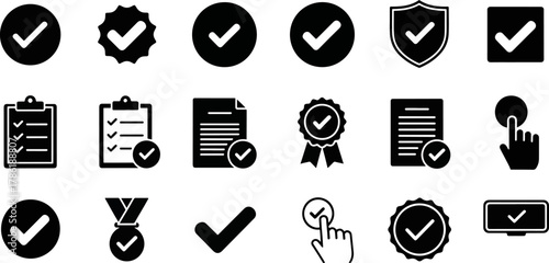 Collection of Check Mark Icons with Various Styles Like Circles, Shields, Checklists, and Ribbons for Verification and Approval Concepts