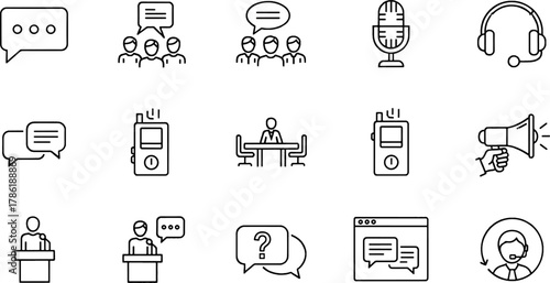 Collection of Communication Icons Featuring Speech Bubbles, Microphones, Headphones, Walkie-Talkies, and Megaphones