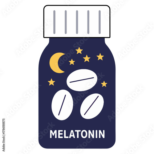 A bottle of melatonin capsules featuring a night sky design with stars and a crescent moon, promoting relaxation and sleep aid