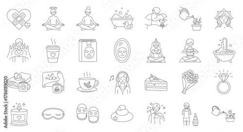 Serene self-care ritual icons featuring relaxation, wellness and personal care elements in