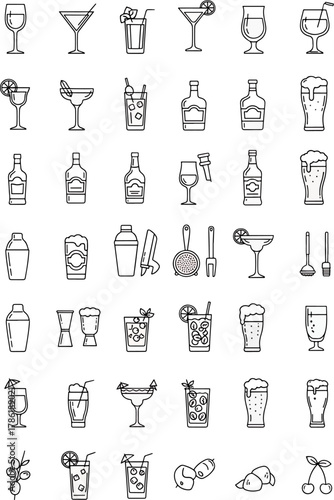 Collection of diverse alcoholic and non-alcoholic beverages and bar accessories, clean line art icons set