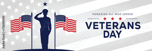 Veterans Day banner with a soldier silhouette saluting, flanked by American flags, set against a background of stars and stripes. Honors veterans and service members who served the USA.