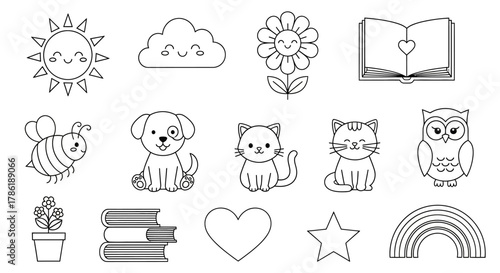 Assorted adorable outline illustrations, perfect for childrens' activities or design elements