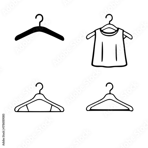 Four Clothing Hanger Icons: Two Solid Black, Two O