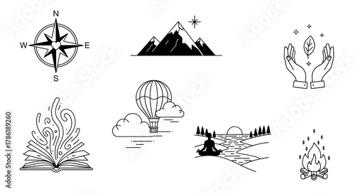 Minimalist graphic illustration featuring nature, travel, and spirituality themes with hand-drawn