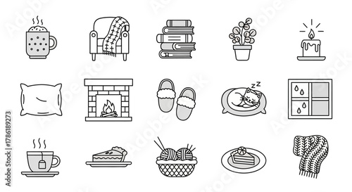 Cozy vibes monochrome icons creating comfort and relaxation atmosphere illustration