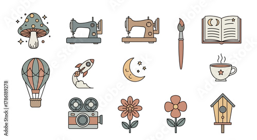 Charming doodle illustrations of whimsical icons representing hobbies and creative pursuits