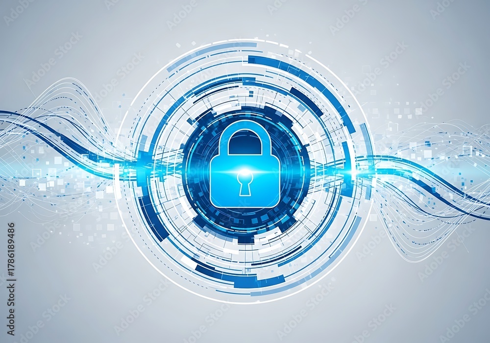 Fototapeta premium Digital security concept with a glowing blue padlock icon at the center of a futuristic circular interface, symbolizing data protection and cyber safety