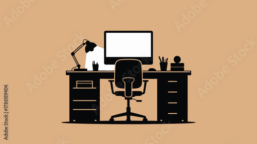 Modern minimalist office desk setup with computer, lamp, and chair, ready for productive work and creative tasks