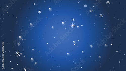 Snowflakes and snowballs falling on a dark blue winter night background