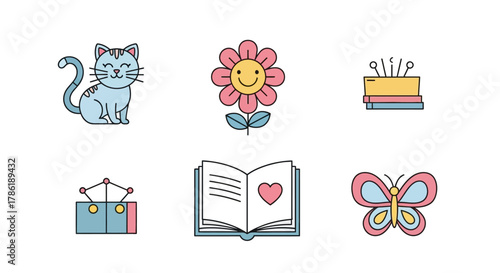 Delightful collection of whimsical hand-drawn styled illustrations featuring diverse charming