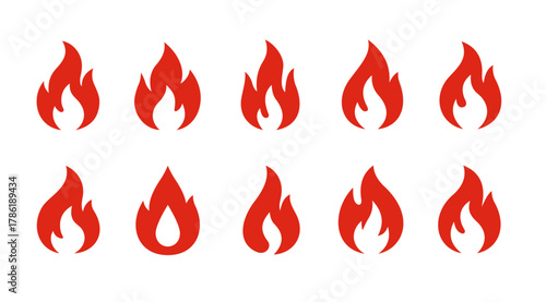 A collection of red fire flame icons in flat vector style. Perfect for warning symbols, energy concepts, hot deals, and user interface design elements.