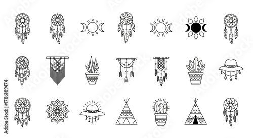 Bohemian aesthetic vector elements set with dreamcatchers, sun moon, macrame and natural icons for
