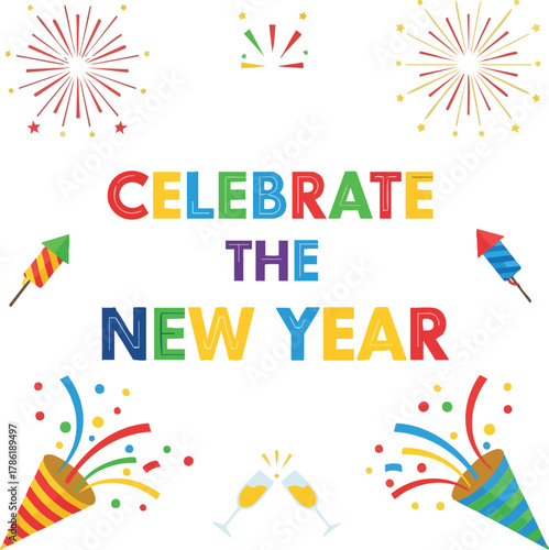 Vibrant 2D flat illustration celebrating the new year with colorful fireworks and confetti against a lively background.