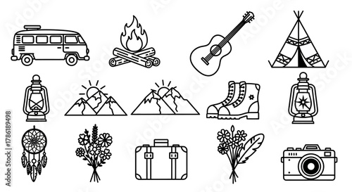 Camping and Outdoor Adventure Icons, Vacation Traveling Pictograms, Travel and Tourism Minimalist