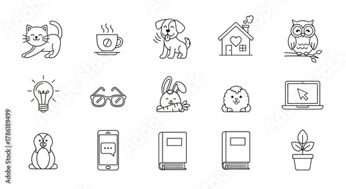 Collection of simplistic outline drawings featuring common objects and animals for educational